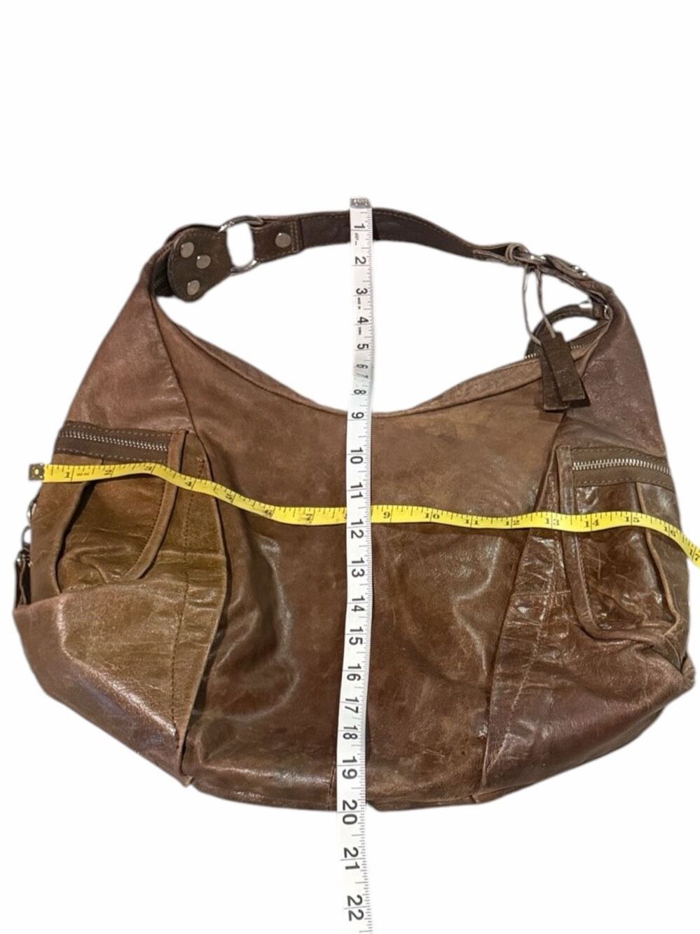 TANO Brown Distressed Leather Hobo Shoulder Bag Slouchy Multi Pocket - Picture 4 of 5
